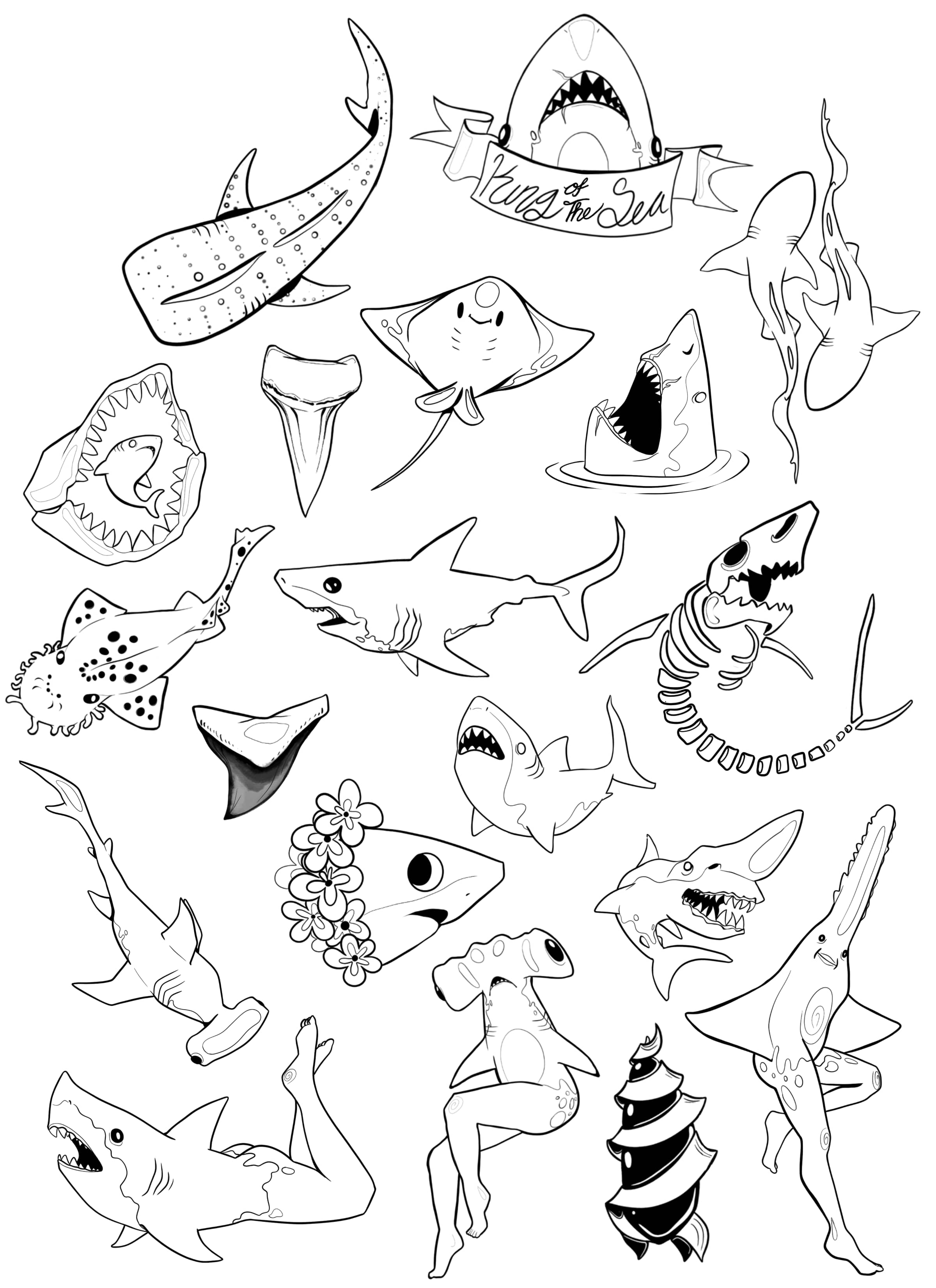 page of small ocean themed tattoo flash